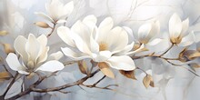 Watercolor Painting Floral Digital Art Wall Decor. Golden White And Gray Flowers For Wall Canvas Decor. White Magnolia Flower In Watercolor