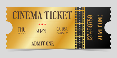 Wall Mural - Cinema entry gold ticket with black in old style. Admit one