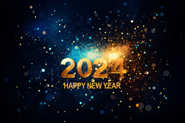 2024 Happy New Year card, golden numbers and text written on shiny blue background with sparkles, glitter and bokeh holiday lights