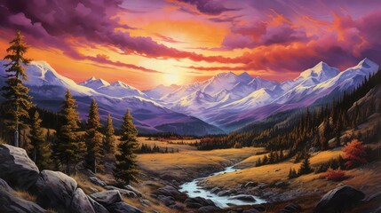 Wall Mural - travel sunset over rockies illustration scenic beautiful, orange background, clouds sunrise travel sunset over rockies