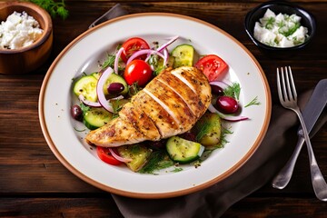 seared chicken breast and greek salad on a wooden table.