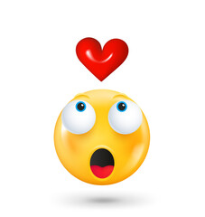 Aufkleber - Yellow cute emoji face with red heart. Fall in love concept. 3d vector illustration 
