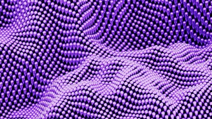 Poster - Purple balls on a background in wavy motion. Design. Minimal wavy surface with spheres.