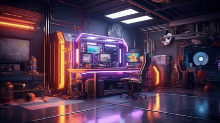 Wall Mural - Futuristic gamer room illustration, hobbies and leisure concept. Generative AI