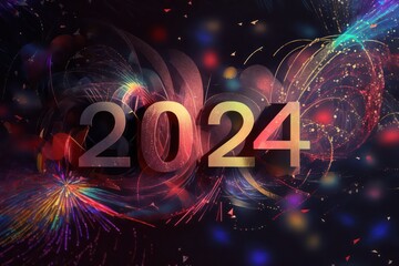 Poster - Happy New Year 2024, greeting card, fire works, sparkles. 