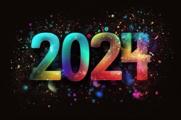 Poster - Colorful banner, Happy New Year 2024, colorful greeting car,d fire works,  golden sparkle. Celebration concept. 