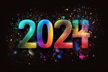 Poster - Colorful banner, Happy New Year 2024, colorful greeting car,d fire works,  golden sparkle. Celebration concept. 