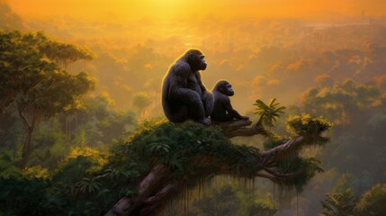 Wall Mural - gorilla family at sunset