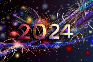 Canvas Print - Happy New Year 2024, colorful greeting car,d fire works,  golden sparkle. Celebration concept. 