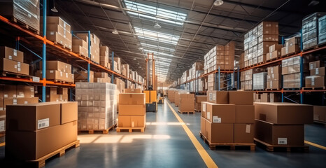 Poster - Warehouse, Logistics, A large warehouse with numerous items, Rows of shelves with boxes.