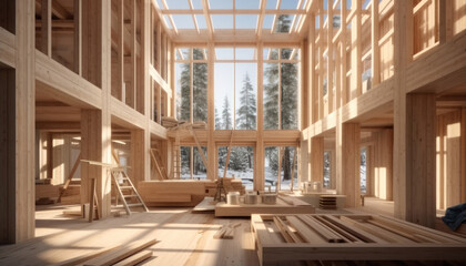 Poster - Building Frame at Construction Site, Residential house construction.