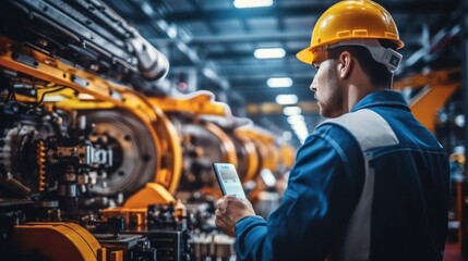 Engineer checking machines for safety protocol in a manufacturing plant with heavy machinery, Quality control through inspection of robots