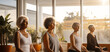 A group of senior happy woman is doing yoga exercises relaxed and mindfull with a yoga mat in a living beautiful room at sunset