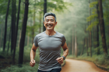 A beautiful strong and fit Asian man is exercising concentrated and smiling with running shoes in a beautiful forest ; a fit senior person