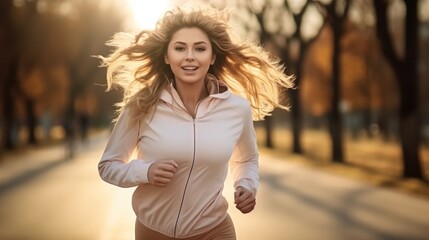 Wall Mural - Plus-size woman jogging on road.