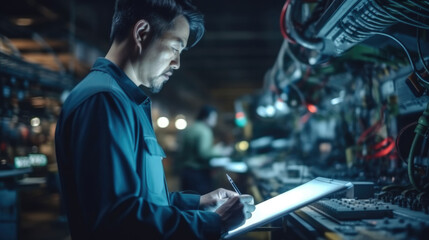Aufkleber - Chinese man using tablet computer writing code in a robot factory.