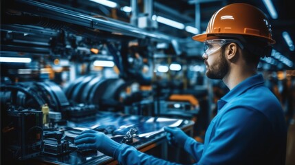 Poster - Confident man worker skillfully operating high-tech machinery in a modern automotive manufacturing at factory.