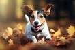 cute jack russell terrier runs and plays in the autumn leaves