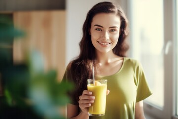 a cute girl with long hair in a green t-shirt stands by the window and holds a healthy natural smoothie in her hand