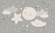 Children graphic illustration for nursery, wall, book cover, textile, cards. Interior design for kids room. Vector illustration with space theme and cute moon, star and happy cloud