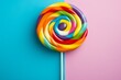 Photo of a vibrant rainbow lollipop against a blue and pink backdrop created with Generative AI technology