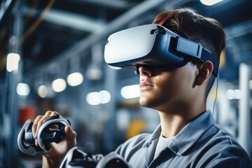 Aufkleber - Engineer ware virtual reality headset in the future manufacturing facilities, Modern factory, Industry 4.0.