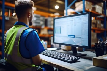Aufkleber - Warehouse worker viewing a spreadsheet on a computer screen at factory.