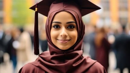 Canvas Print - Young ethnic Muslim woman graduate wearing a graduation cap and a headscarf.