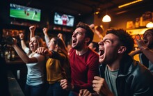 Cheering Group Of Friends Watching Football Match At A Bar. Generative AI