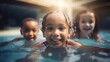 Close up portrait of cute smiling Diverse young children enjoying  swimming lessons in pool, learning water safety skills, activity. Natural sunny Lighting and on a shiny light over bokeh background. 