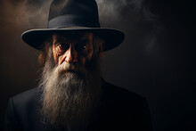 Frontal Portrait Of An Old Jewish Rabbi With Long Beard And Hat