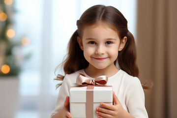 Wall Mural - The portrait of a happy little girl holding a gift box wrapped with cute ribbon on a christmas celebration holiday at home. Generative AI.