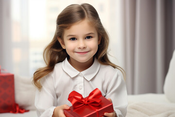 Wall Mural - The portrait of a happy little girl holding a gift box wrapped with cute ribbon on a christmas celebration holiday at home. Generative AI.