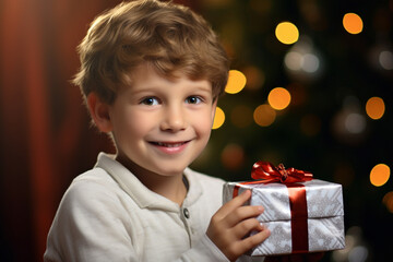 Wall Mural - A cheerful young boy grasping a present box adorned with an adorable ribbon during a Christmas festivity at his residence. Generative AI.