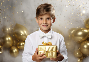 Wall Mural - A cheerful young boy grasping a present box adorned with an adorable ribbon during a Christmas festivity at his residence. Generative AI.