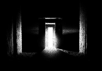Poster - Ancient ruins in sci-fi scene with dotwork retro style. Mysterious gate debris with dramatic lights and retro texture
