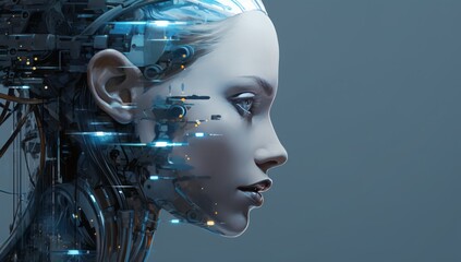 Aufkleber - A Futuristic Scene: A Person Contemplating Technology While a Robot Woman Engages in Deep Thought About the Future of Artificial Intelligence