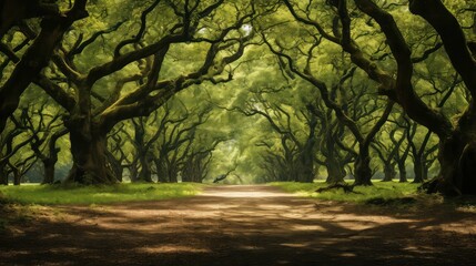 Poster - green oak woodland forest illustration trees outdoor, travel fog, outdoors path green oak woodland forest