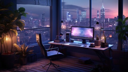 Generative AI, Computer on the table in cyberpunk style, nostalgic 80s, 90s. Neon night lights vibrant colors, photorealistic horizontal illustration of the futuristic interior. Technology concept..	