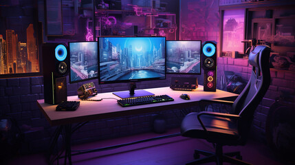 Generative AI, Computer on the table in cyberpunk style, nostalgic 80s, 90s. Neon night lights vibrant colors, photorealistic horizontal illustration of the futuristic interior. Technology concept..	