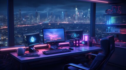 Generative AI, Computer on the table in cyberpunk style, nostalgic 80s, 90s. Neon night lights vibrant colors, photorealistic horizontal illustration of the futuristic interior. Technology concept..	