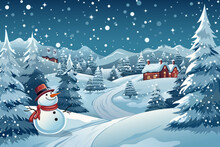 Christmas Eve. Beautiful Winter Evening Landscape. Cheerful Snowman Against The Backdrop Of A Snowy Forest, A Festive House And Mountains. Christmas Vector Illustration For Banner, Poster, Card.