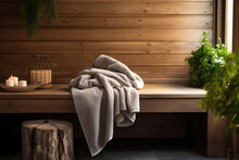 Wooden Sauna Bench With Plush Cushions And Towels
