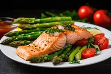 Enjoy Grilled Salmon With Asparagus And Cherry Tomatoes On A Black Background. This Dish Is Bursting With Fresh Ingredients And Rich Flavors, Satisfying Both The Eyes And The Taste Buds. Generative AI