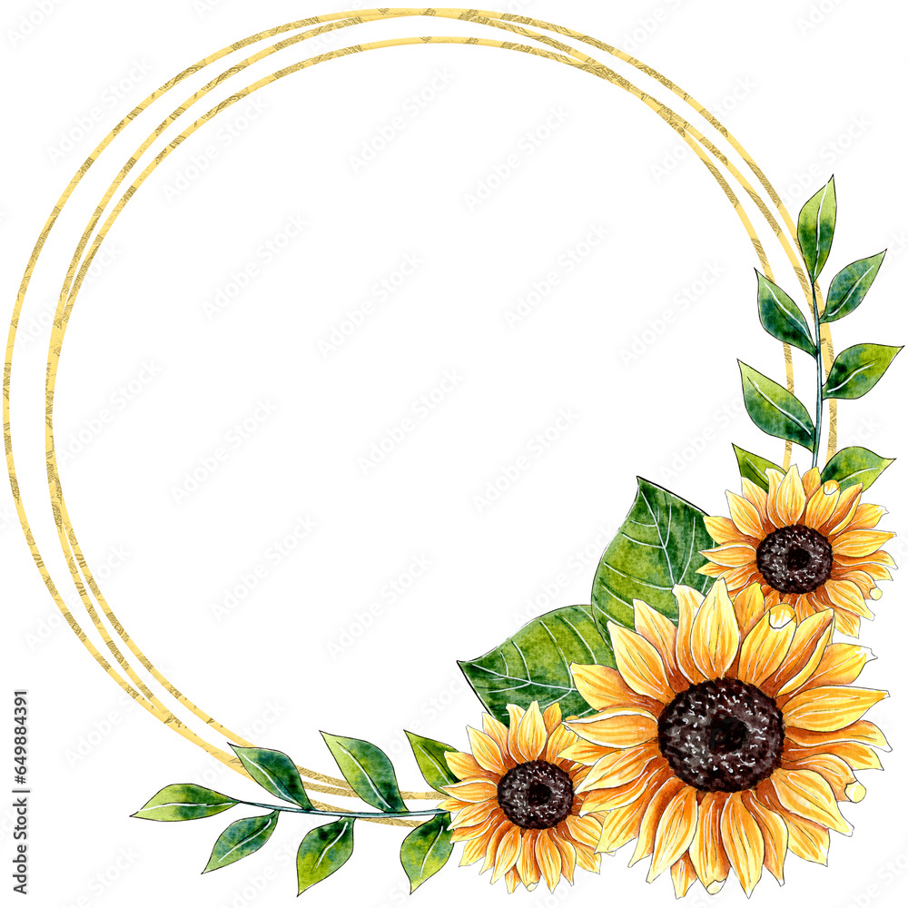 Watercolor Sunflower Floral Frame Design isolated on white background ...