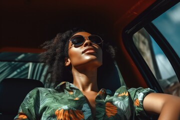 Canvas Print - A woman wearing sunglasses sitting in a car. Generative AI.