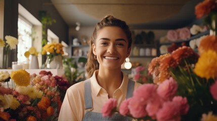 Wall Mural - Cheerful young saleswoman is waiting for customers of the flower shop. Generative AI