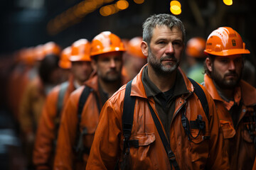 Industrial workers in safety vests and hard hats