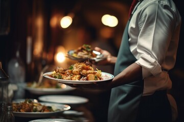 Professional Waiter hands pick restaurant food. Serve pick. Generate Ai