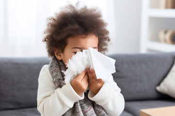 Preschool African American boy with the flu, blowing his nose using a tissue.